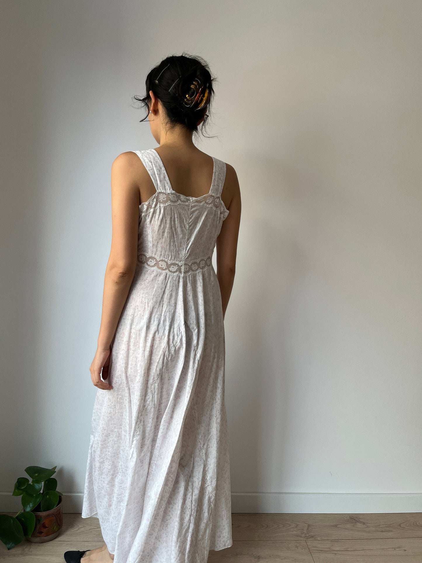 vintage 1950s pink floral print cotton lace ribbon art deco dress, romantic parisian nightgown