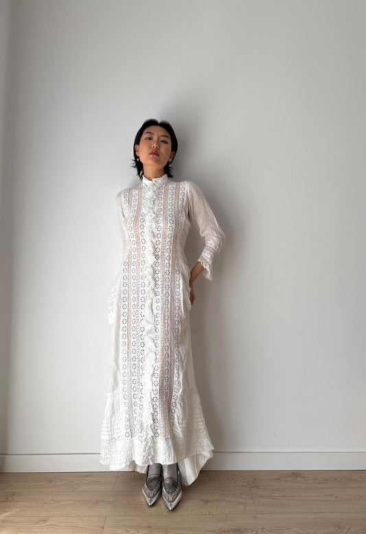 Antique 1900s White Cotton Edwardian Petticoat Renaissance Victorian Nightdress