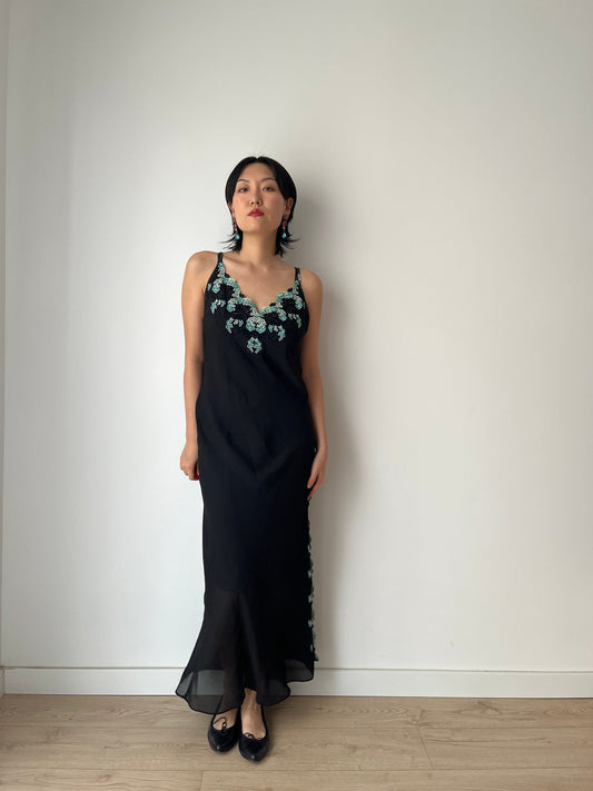 Vintage black pure silk chiffon lace cut out embroidered nightdress