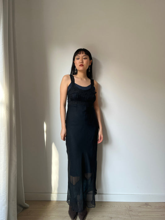 Antique 1950s black sheer crepe bias cut liquid translucent nightdress, lace art deco nightgown