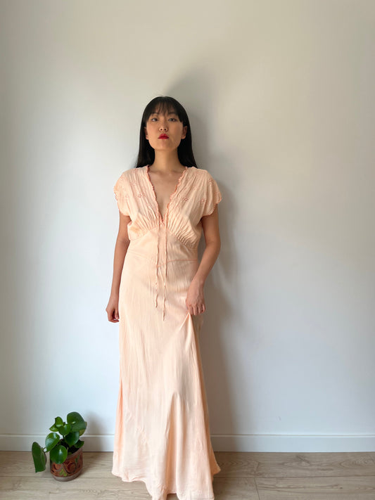 1930s Peach Silk Bias Cut Pure Silk Chiffon Crepe Embroidered Nightgown Maxi Dress