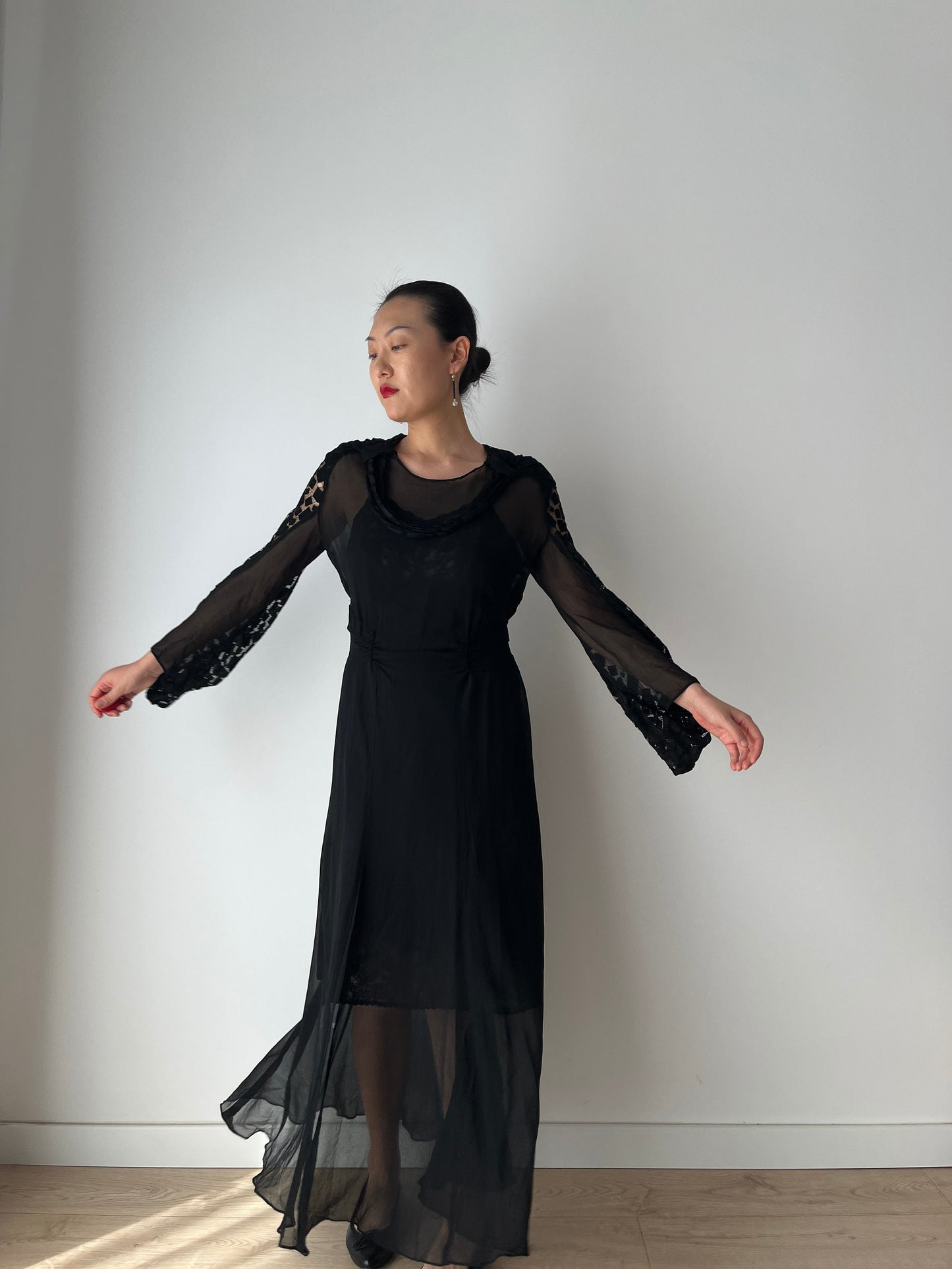 1920s Black Silk Antique Evening Night Transparent Dress Flapper Lace Embroidered dress