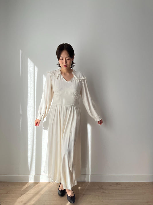 1940s Antique Lace White 100% Pure Silk Liquid Satin Long Maxi dress