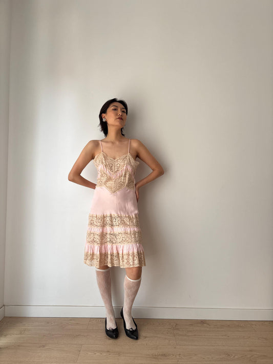 1940s 1950s Antique Pale Pink Lace Liquid Silk Satin Slip dress, Vintage lace mini dress