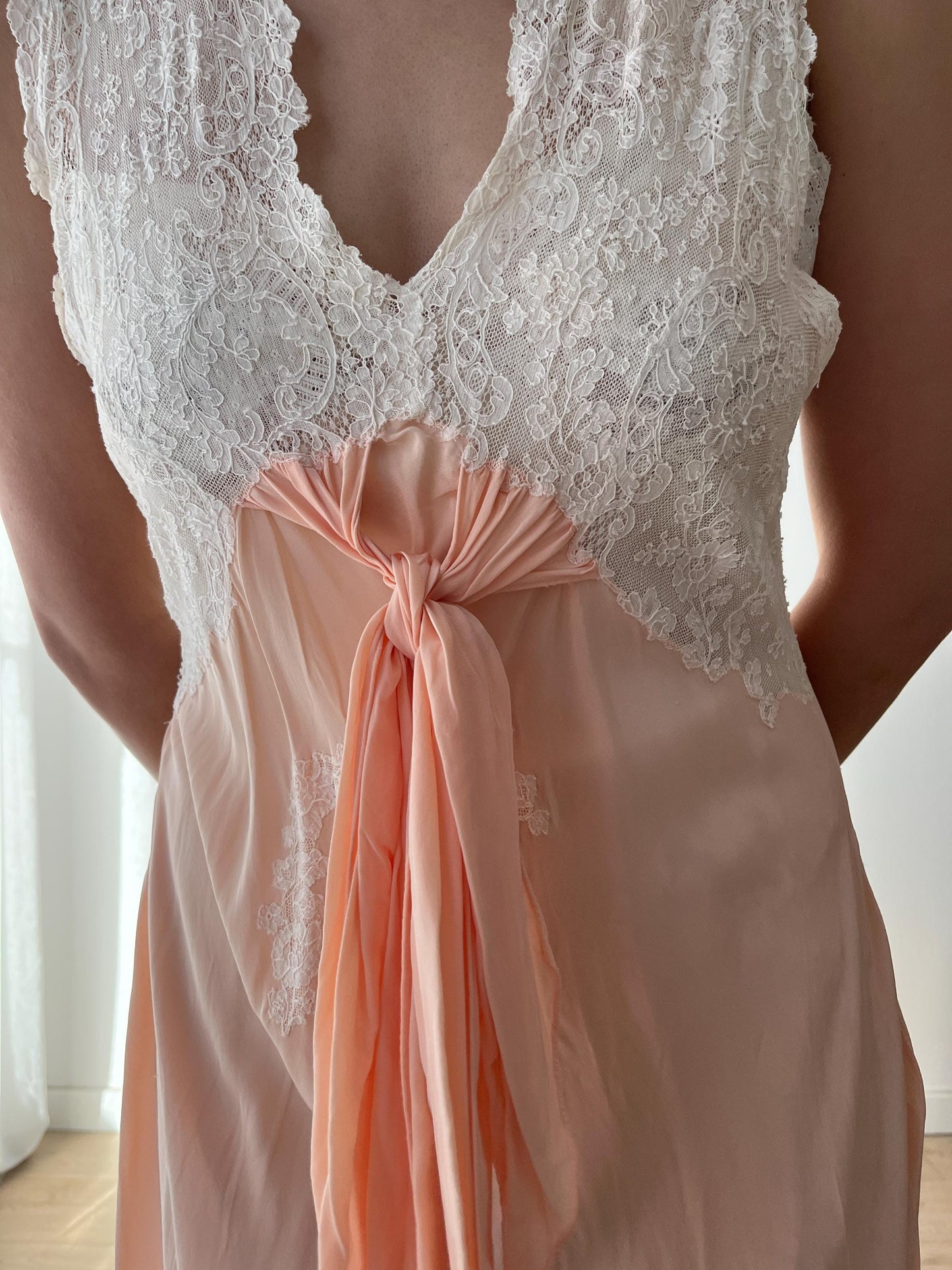 1930s Antique Peach Pure Silk Crepe Lace Nightgown Maxi Dress