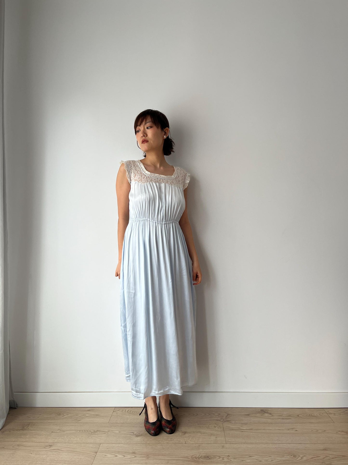 1940s Antique Bias Cut Negligee Pure Silk Liquid Satin Lace Nightgown