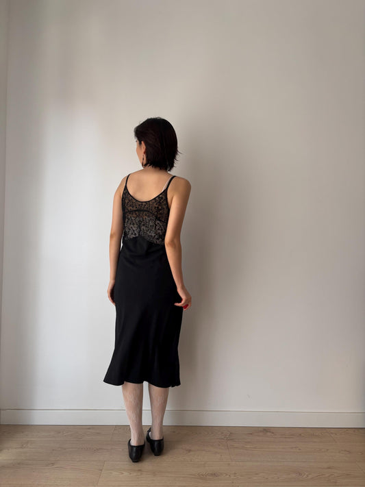 Antique 1930s 1940s black liquid satin pure silk lace art embroidered deco bias cut nightgown maxi slip under dress