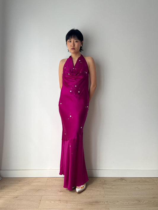 Vintage 90s 2000s Y2K liquid silk satin hot pink silk slip long maxi camisole underdress