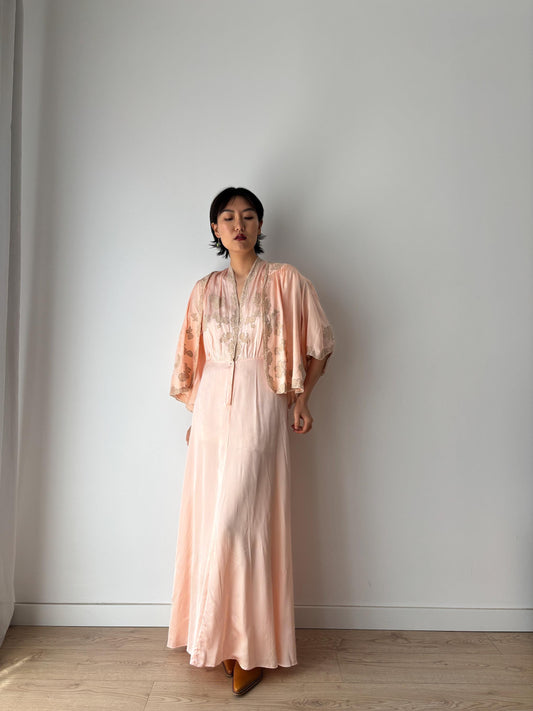 1940s 50s Pale Pink Pure Silk Nightgown 2 Piece Set / Bed Jacket Slip Dress Lingerie Set