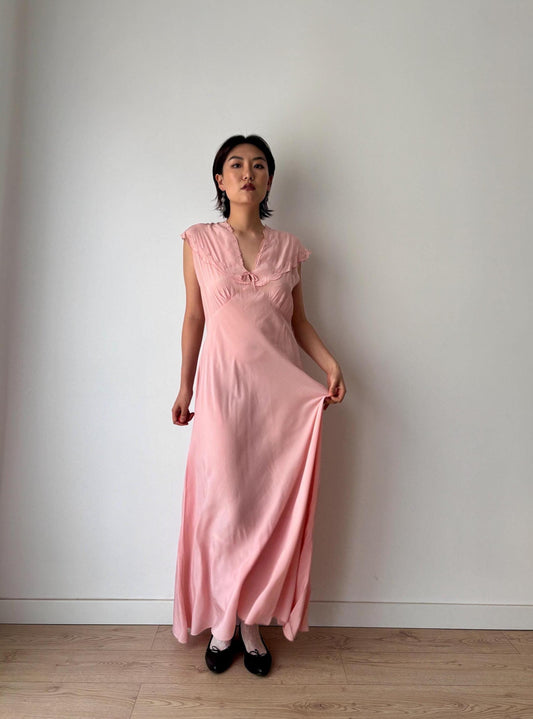 1940’s pale pink bias cut nightgown maxi lingerie dress with hand Embroidery