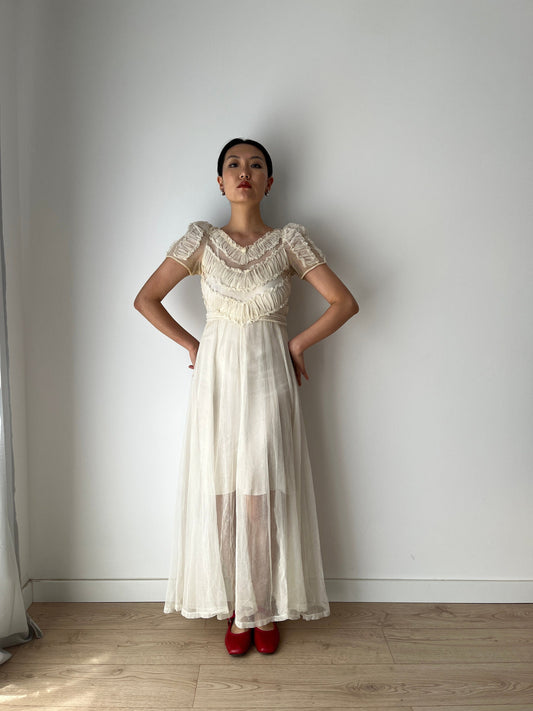 Vintage Antique 1920s Lace Sheer Wedding Dress, Translucent Sequined Bridal Dress
