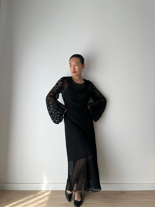 1920s Black Silk Antique Evening Night Transparent Dress Flapper Lace Embroidered dress