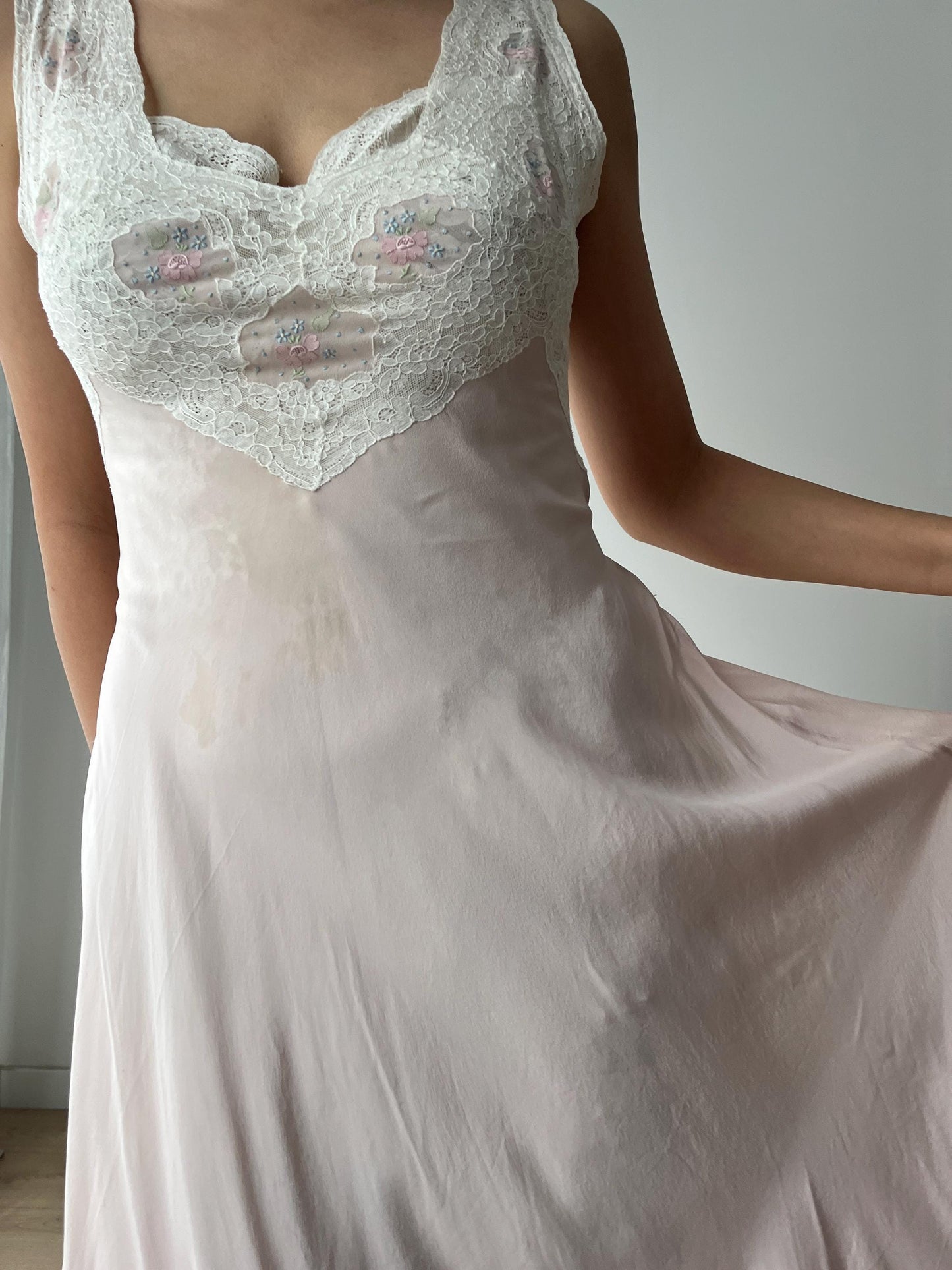 1930s 1940s Antique Bias Cut Ruffle Lace Pastel Pink Pure Silk Embroidered Nightgown