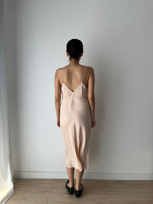 Antique Vintage 1950s bias cut rayon liquid satin pastel pink embroidered lace slip summer garden dress