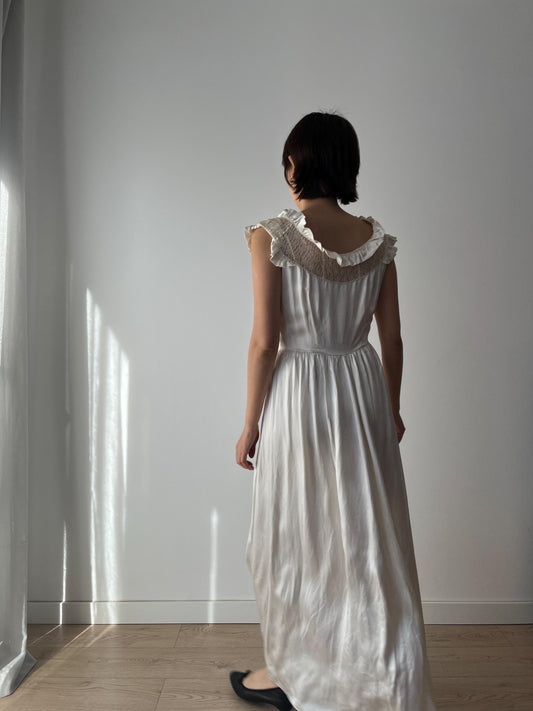 1930s Antique Bridal Lace Bias Cut Negligee Silk Satin Embroidered Nightgown
