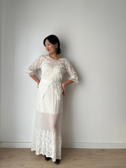 Antique 1910s 1900s White Cotton Lace Renaissance Victorian Edwardian Dress