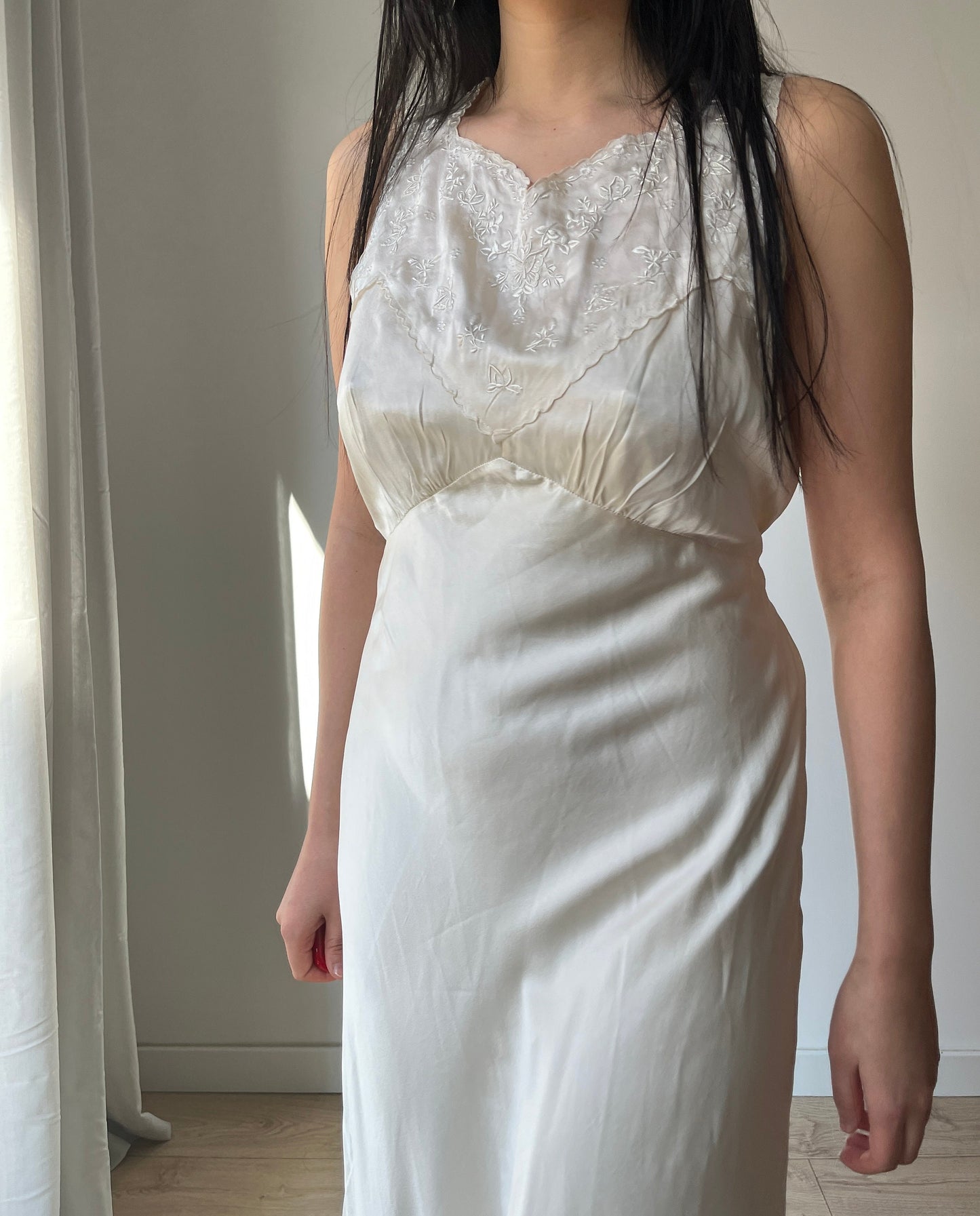 Antique Vintage liquid pure silk satin white embroidered slip long maxi camisole dress