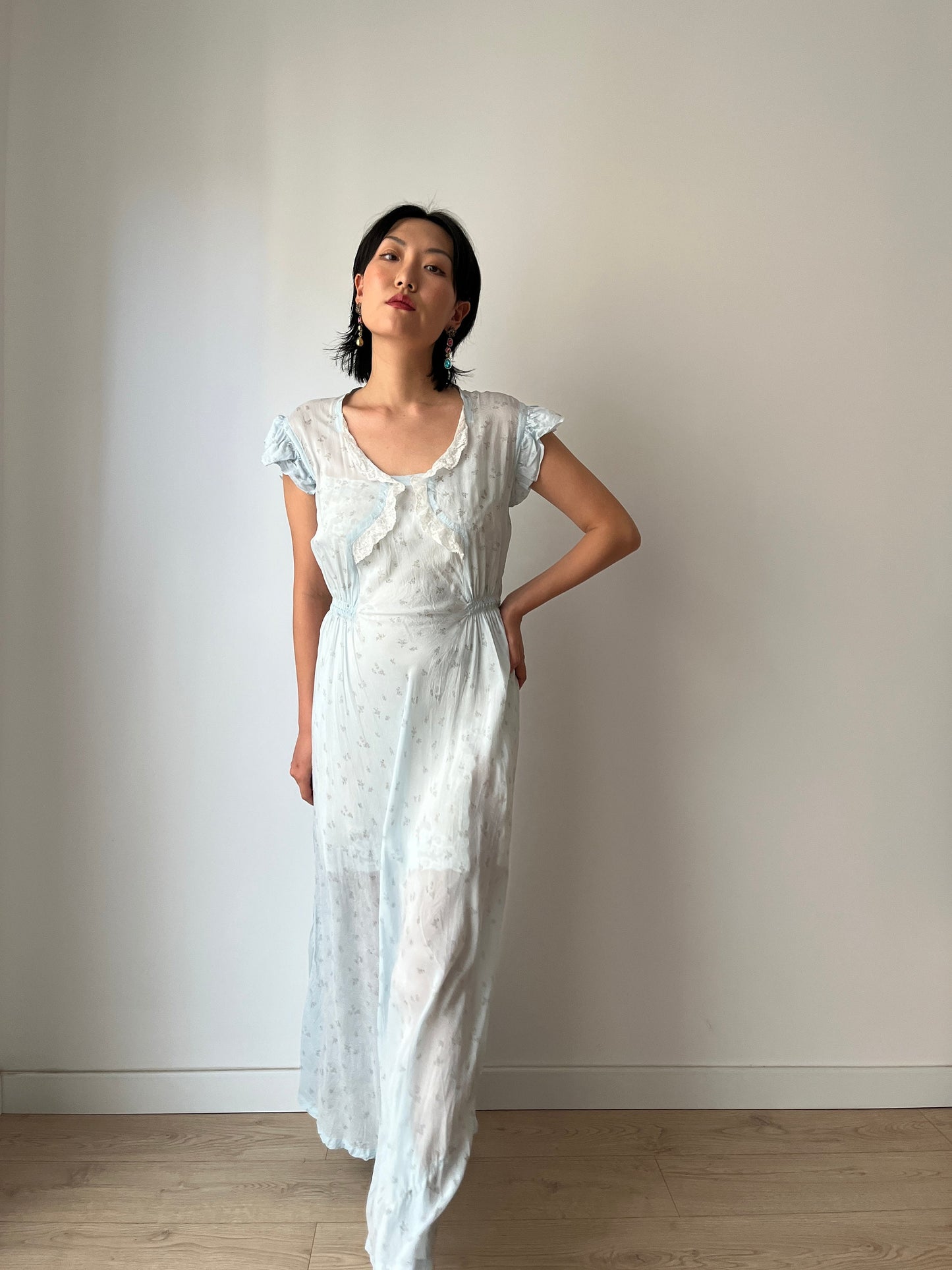 vintage 1940s blue bias cut floral crepe chiffon sheer lace embroidered art deco dress