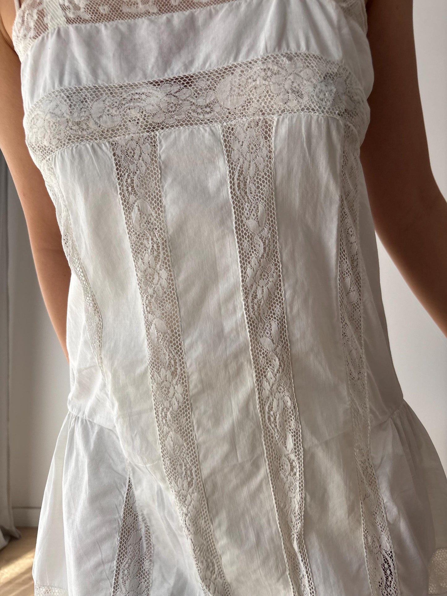 1910s 1900s Antique White Cotton Edwardian Victorian Lace Slip dress, Vintage lace mini dress