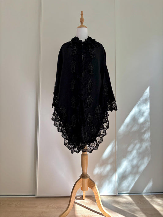 Antique 1900French beaded Silk cape with embroidery, Victorian black cape rich lace