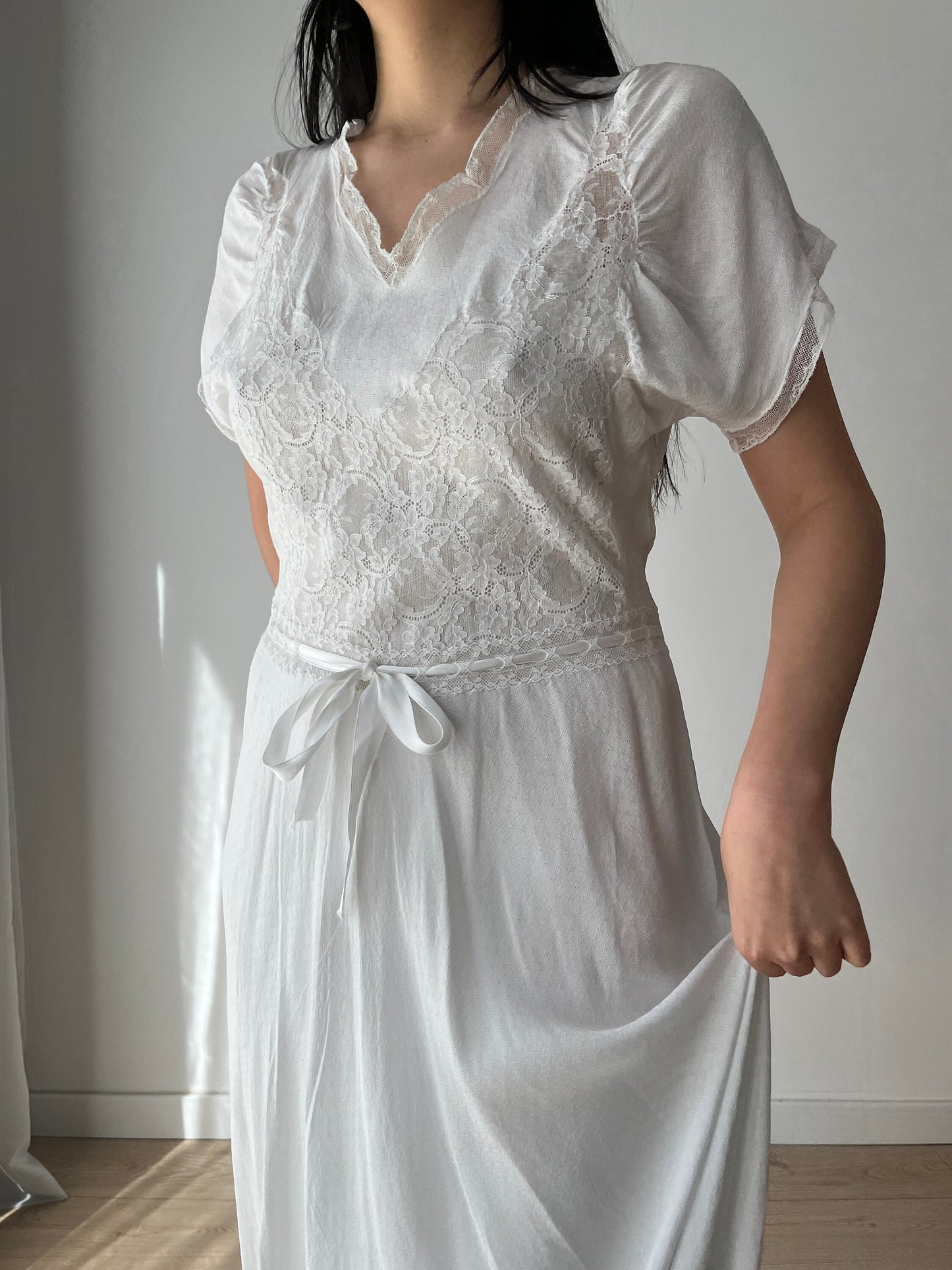 1930s Antique Bias Cut Rayon Embroidered Lace Bridal Dress