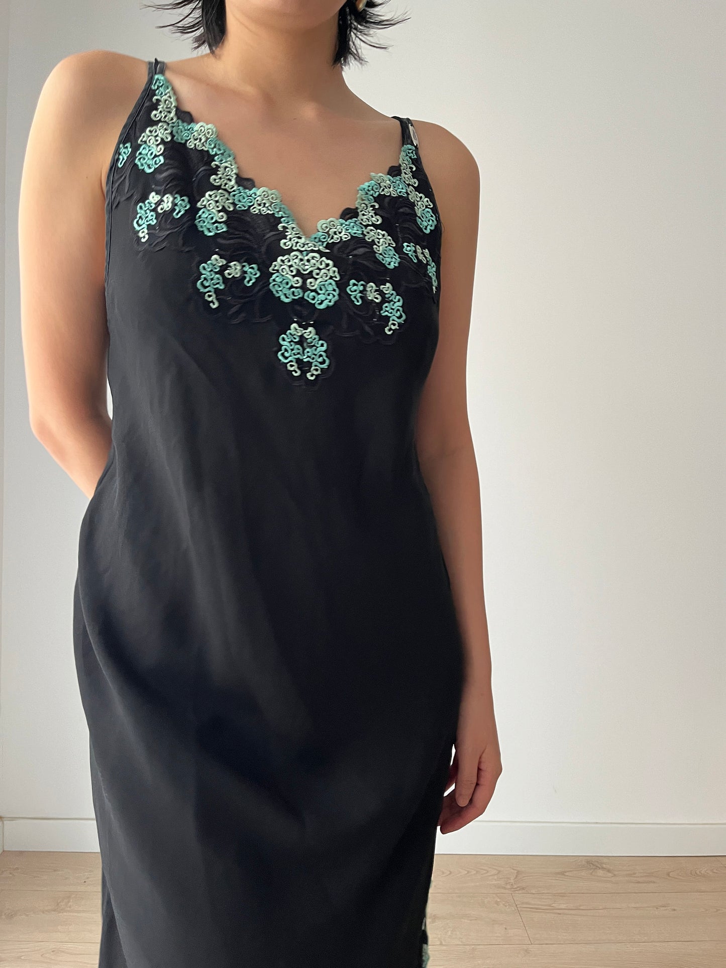 Vintage black pure silk chiffon lace cut out embroidered nightdress