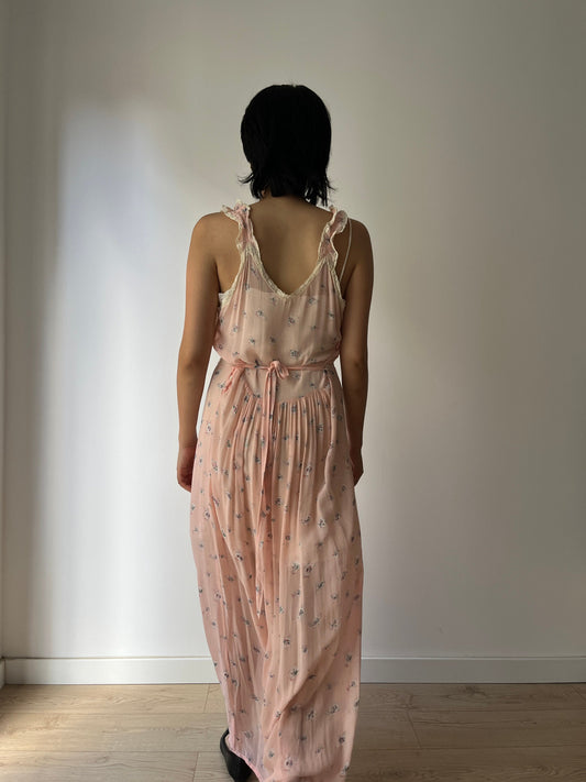 vintage 1930s pink floral print crepe silk lace ribbon art deco dress, romantic parisian nightgown