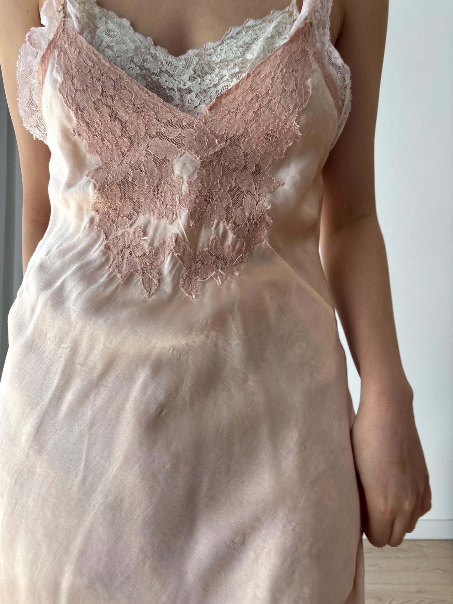 1930s 1940s Antique Pink Lace Liquid Silk Slip Romantic dress, Vintage lace mini dress
