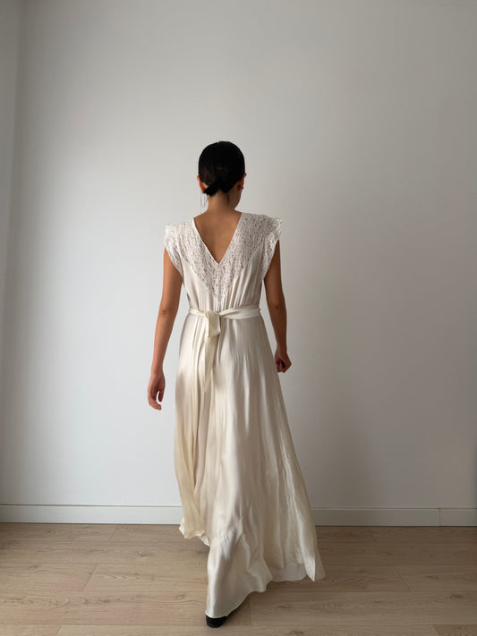 1940s Silk Satin Lace Ruffled Bridal Gown, Bias Cut Maxi Dress, Cottagecore Romantic Style
