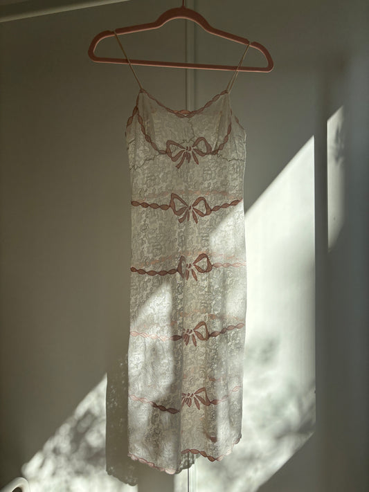 1940s 1950s Antique Pastel Pink Bow Embroidered Lace Cotton Slip underdress