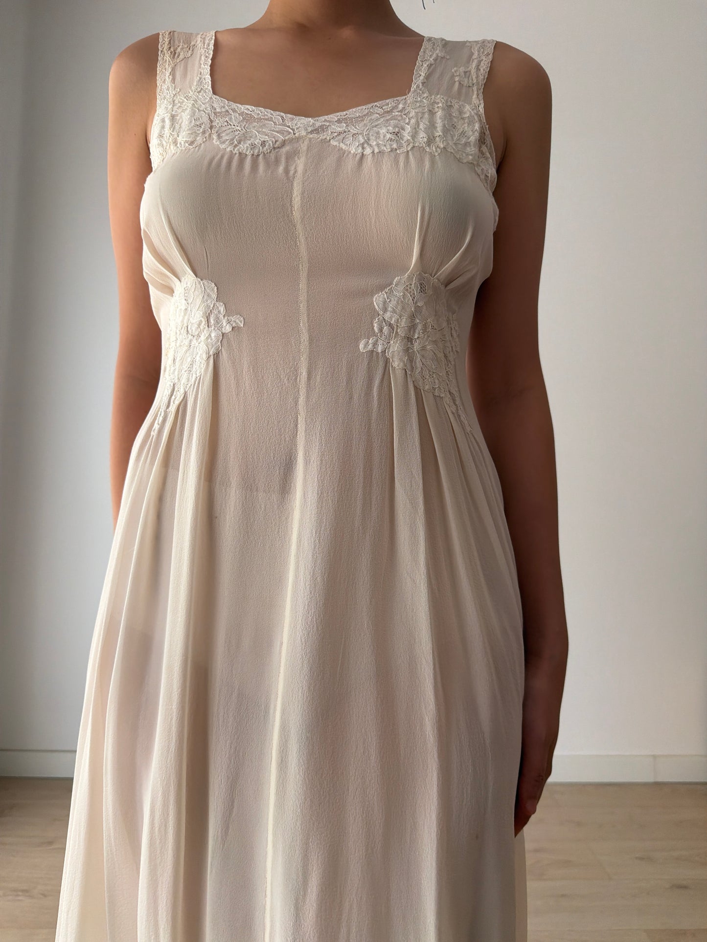 1930s Bias Cut White Silk Crepe Lace Slip Dress, Romantic Vintage Lingerie Bridal Gown