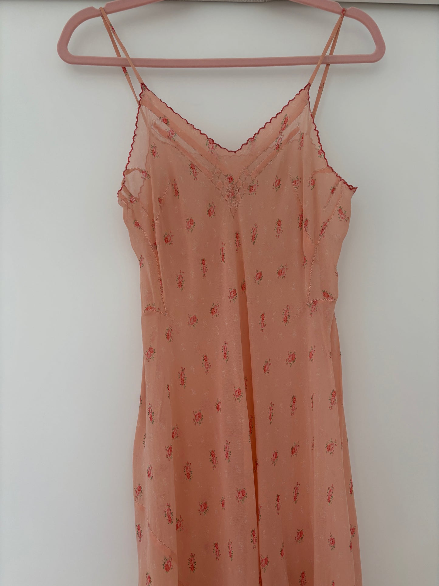 1930s 1940s Antique Pink Floral Lace Silk Chiffon Slip dress