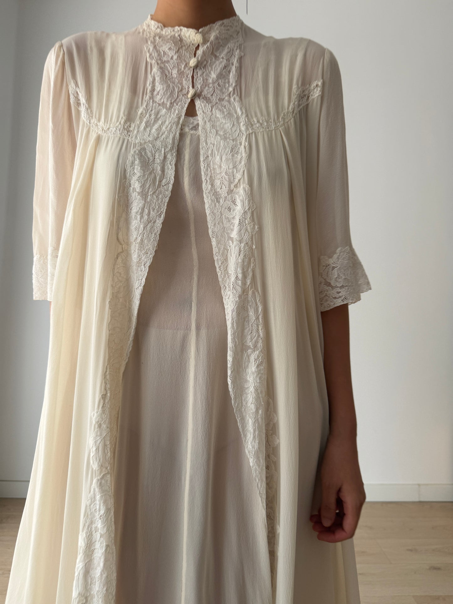 1940s Ivory Pure Silk Peignoir Robe | Vintage Lace Dressing Gown | Sheer Silk Boudoir Robe