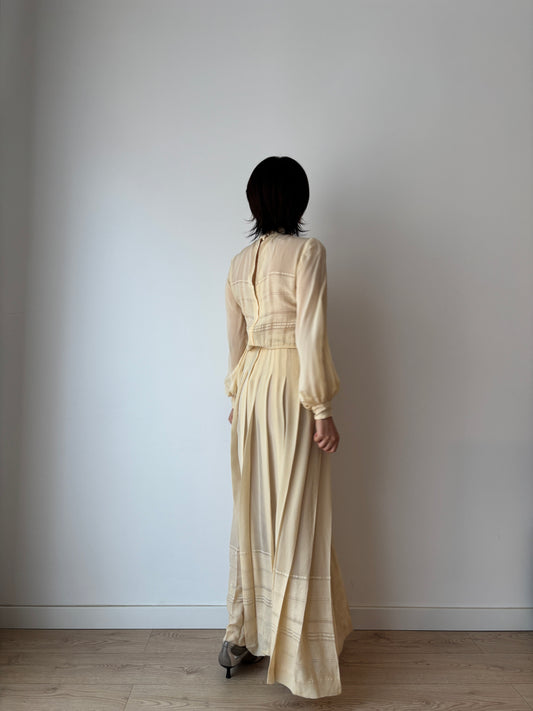 1940s Bridal Pure Silk Cepre Beige Long Pleated Maxi dress size small