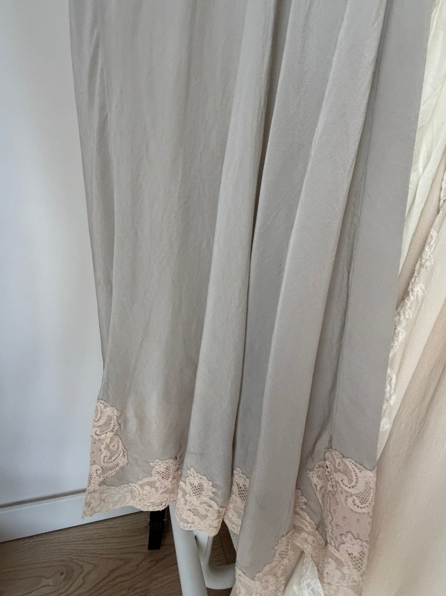 1930s Vintage Grey Blue pure Silk Slip, French Lace Embroidery Dress