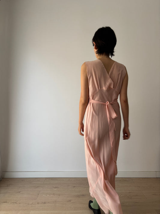 1940s Pastel Pink Silk Bias Cut Pure Silk Embroidered Lace Nightgown