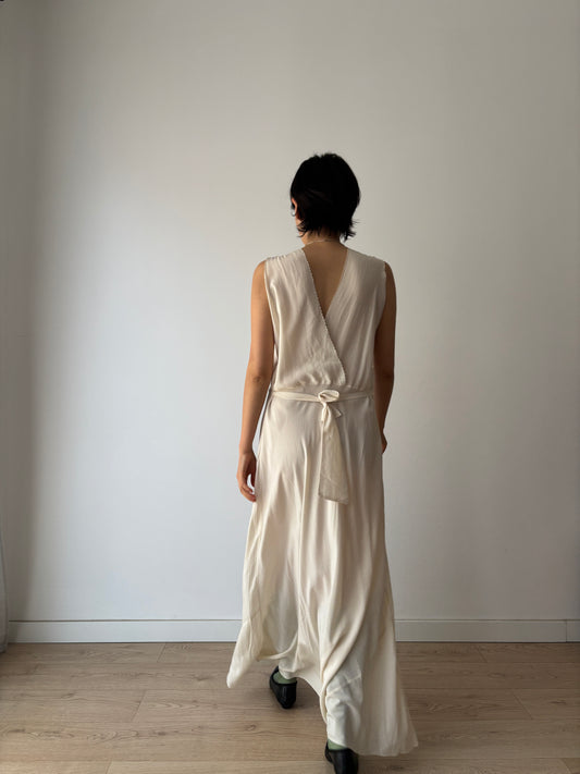 1930s bias cut white silk bridal floral lace dress