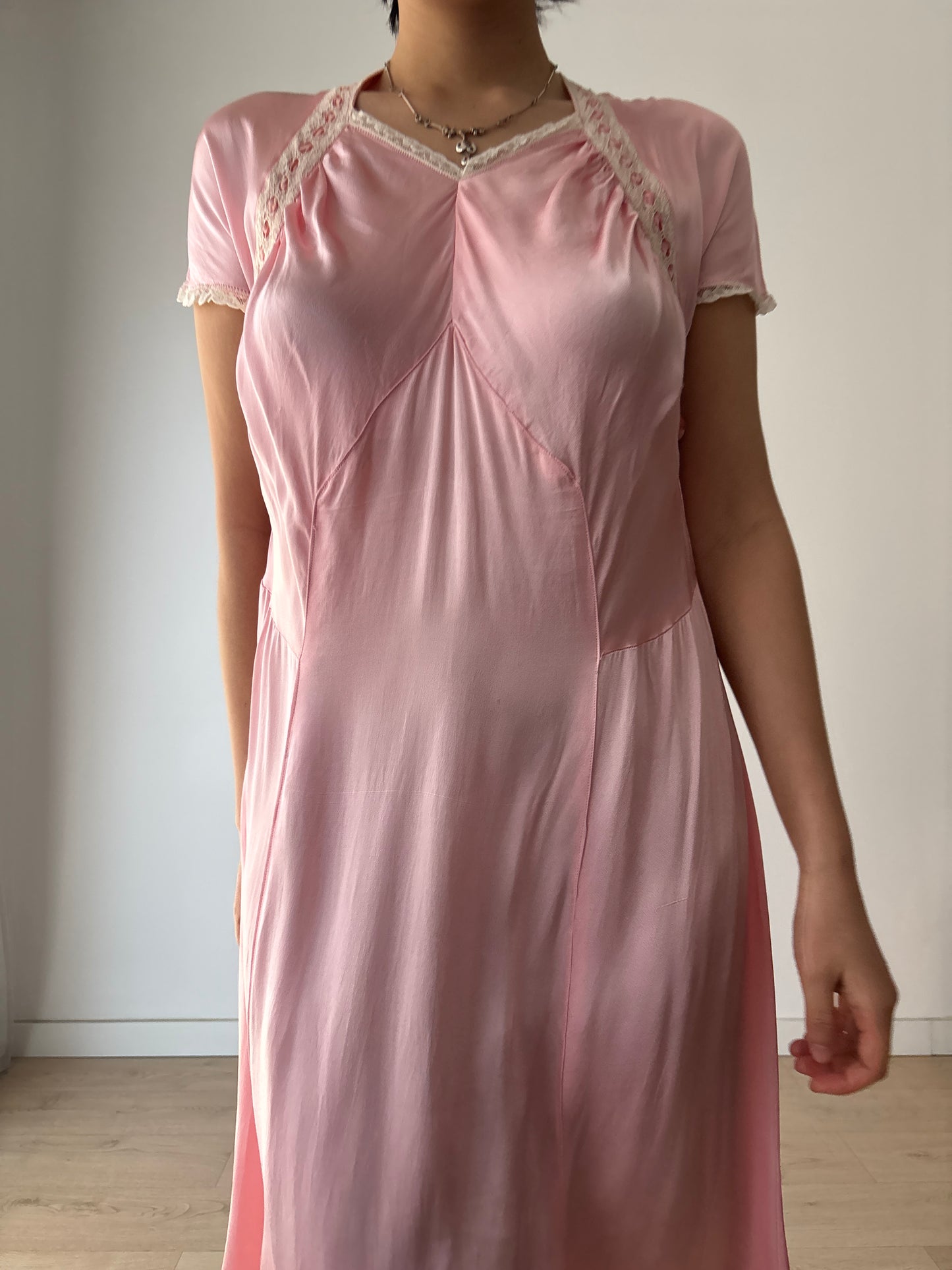 1940s Vintage Lace Pale Pink Silk Satin Embroidered Nightgown
