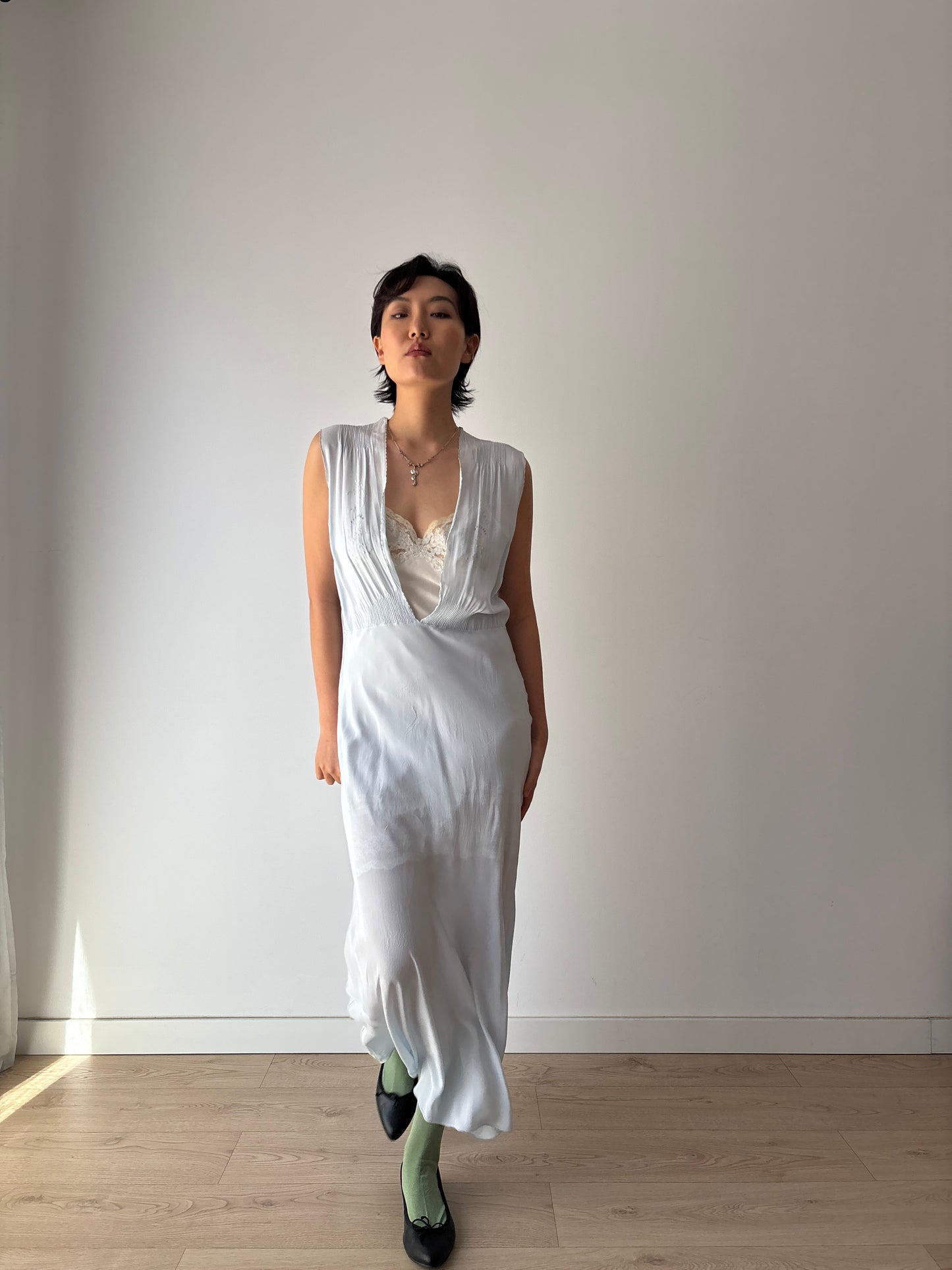 1930s Bias Cut Silk Crepe Gown in Blue
