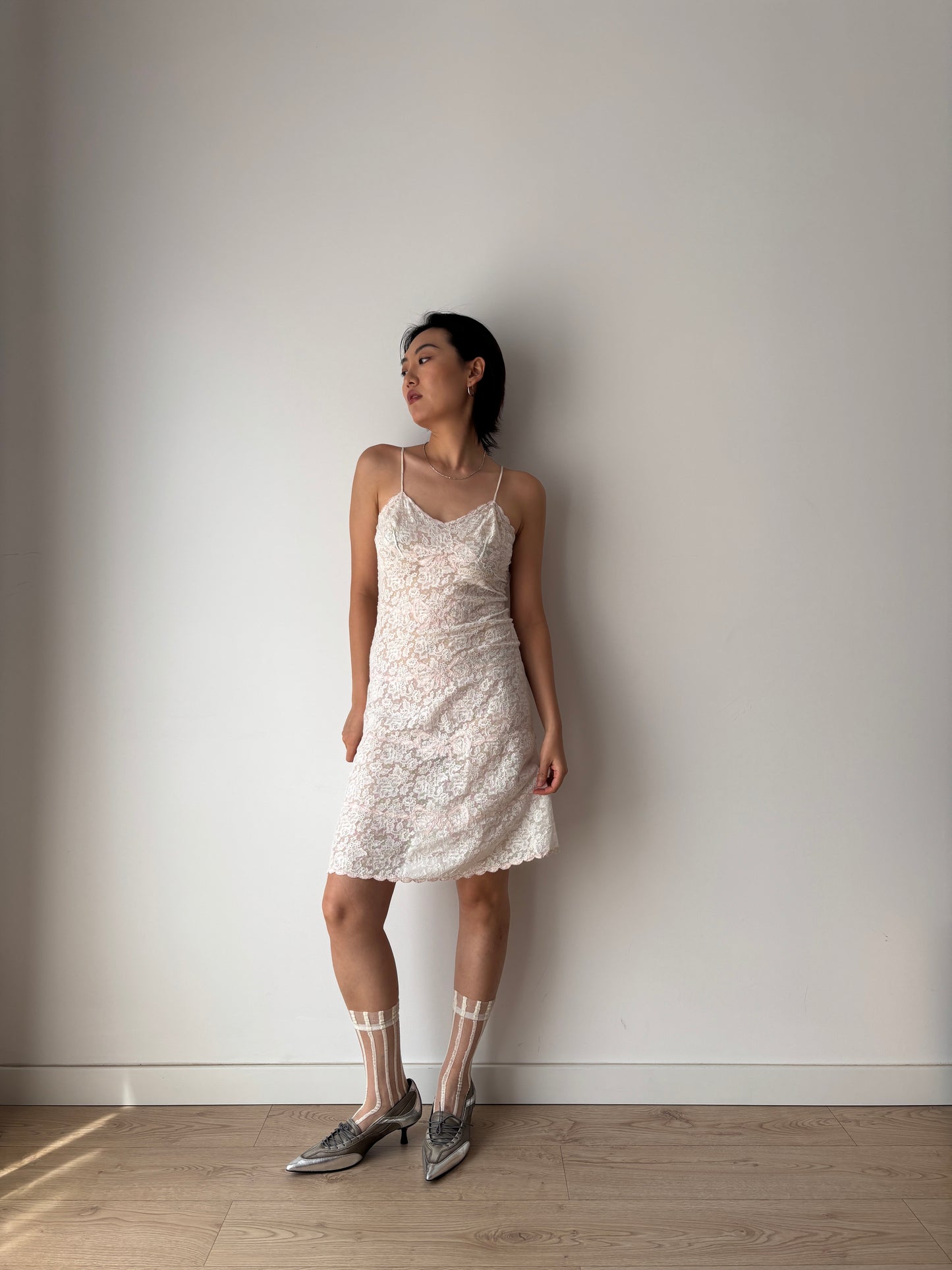 1940s 1950s Antique Pastel Pink Bow Embroidered Lace Cotton Slip underdress