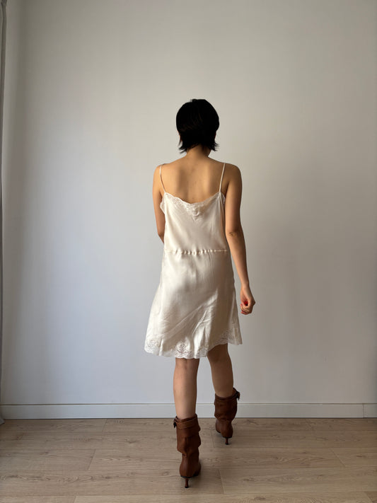 1930s Vintage Lace Silk Slip Dress, Bridal Antique White Mini Dress