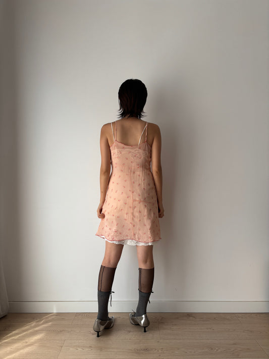 1930s 1940s Antique Pink Floral Lace Silk Chiffon Slip dress