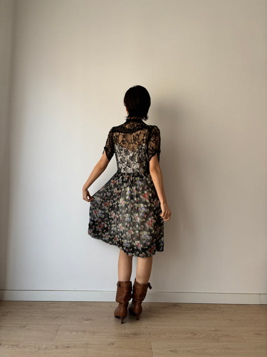 1930s Black lace floral dress, Antique silk chiffon art deco dress