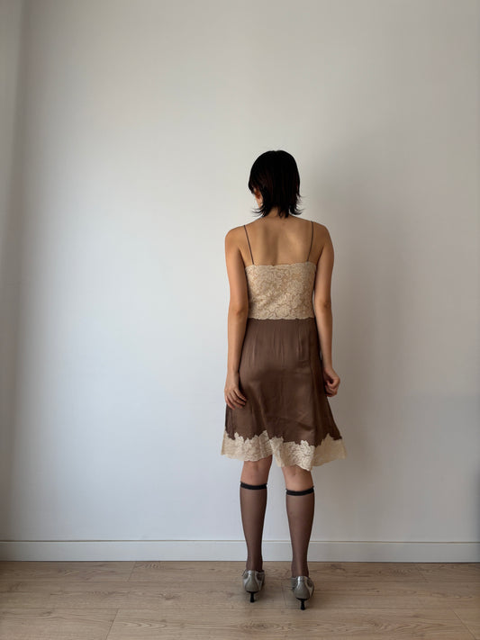 1940s 1950s Antique rare brown french rice Lace pure silk slip dress