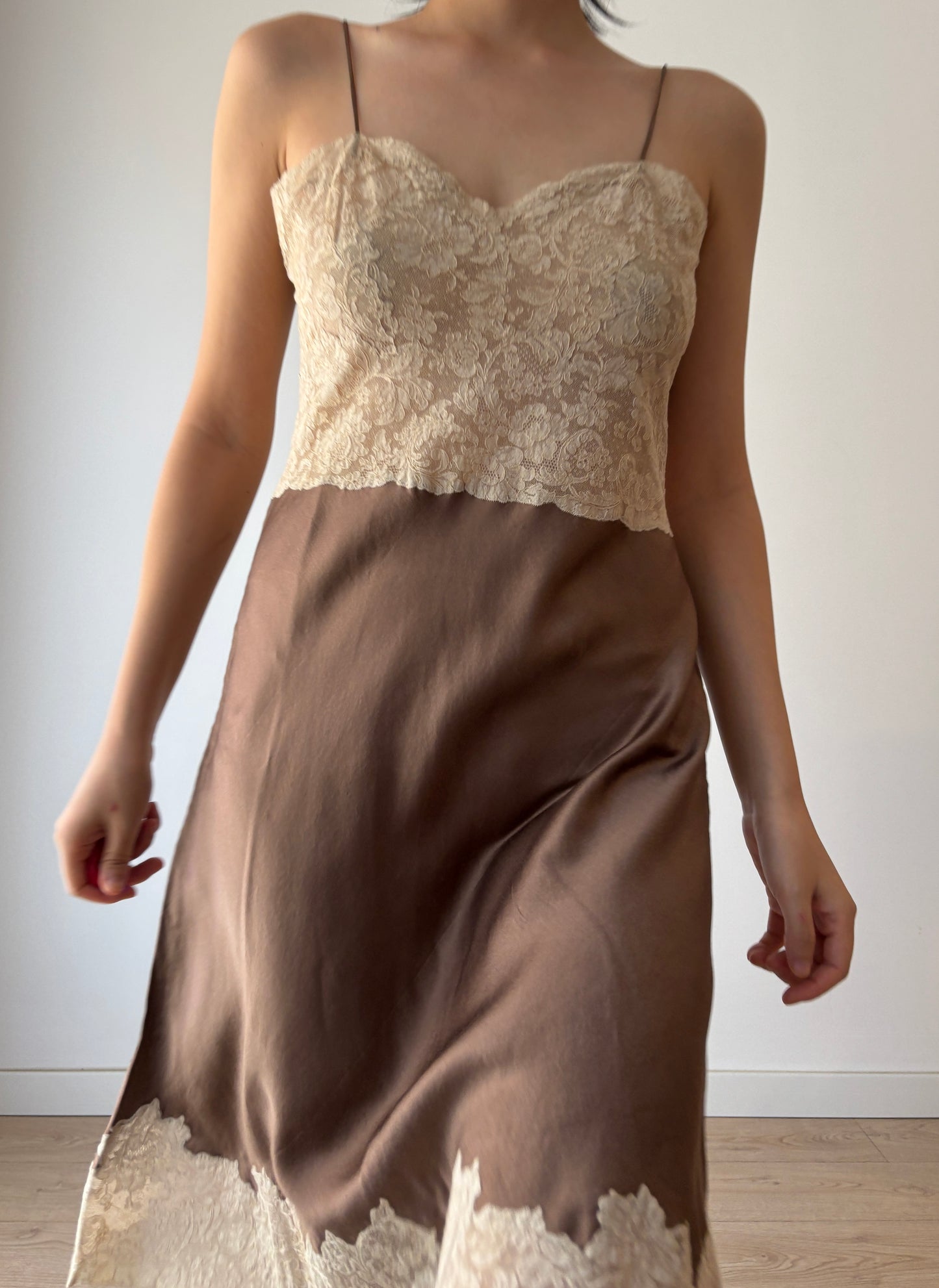 1940s 1950s Antique rare brown french rice Lace pure silk slip dress
