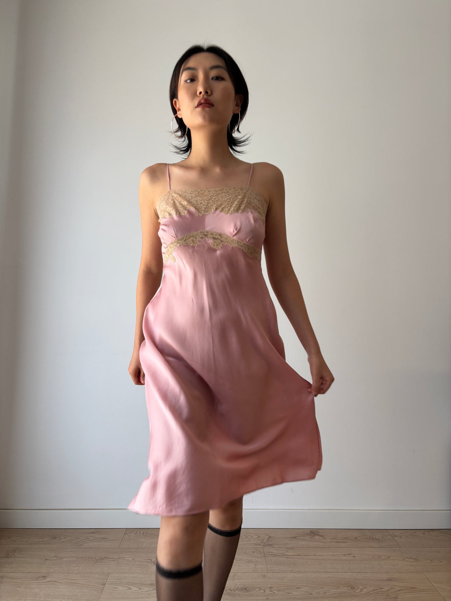 1930s 1940s Antique Pink French Lace Silk Slip dress, Antique mini dress