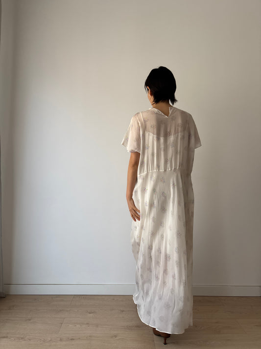 1940s White Lace Blue Floral Print Silk Slip Maxi Dress, Vintage Romantic Cottagecore Maxi Slip Bridal Translucent Gown