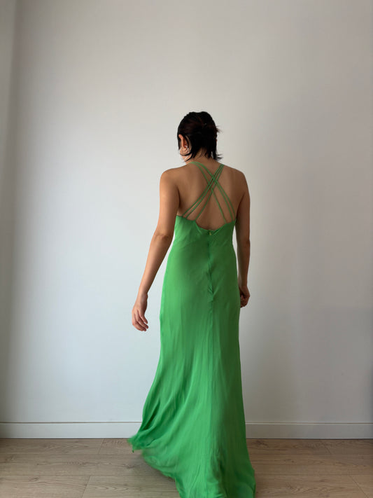 1990s Vintage Y2K Pure Silk Green Black Lace Evening Prom Formal Party Wedding Fairy Dress