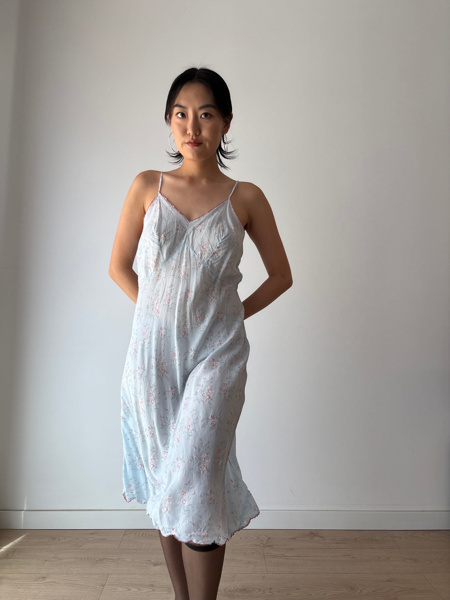 1930s 1940s Antique Blue Floral Lace Pure Silk Slip dress