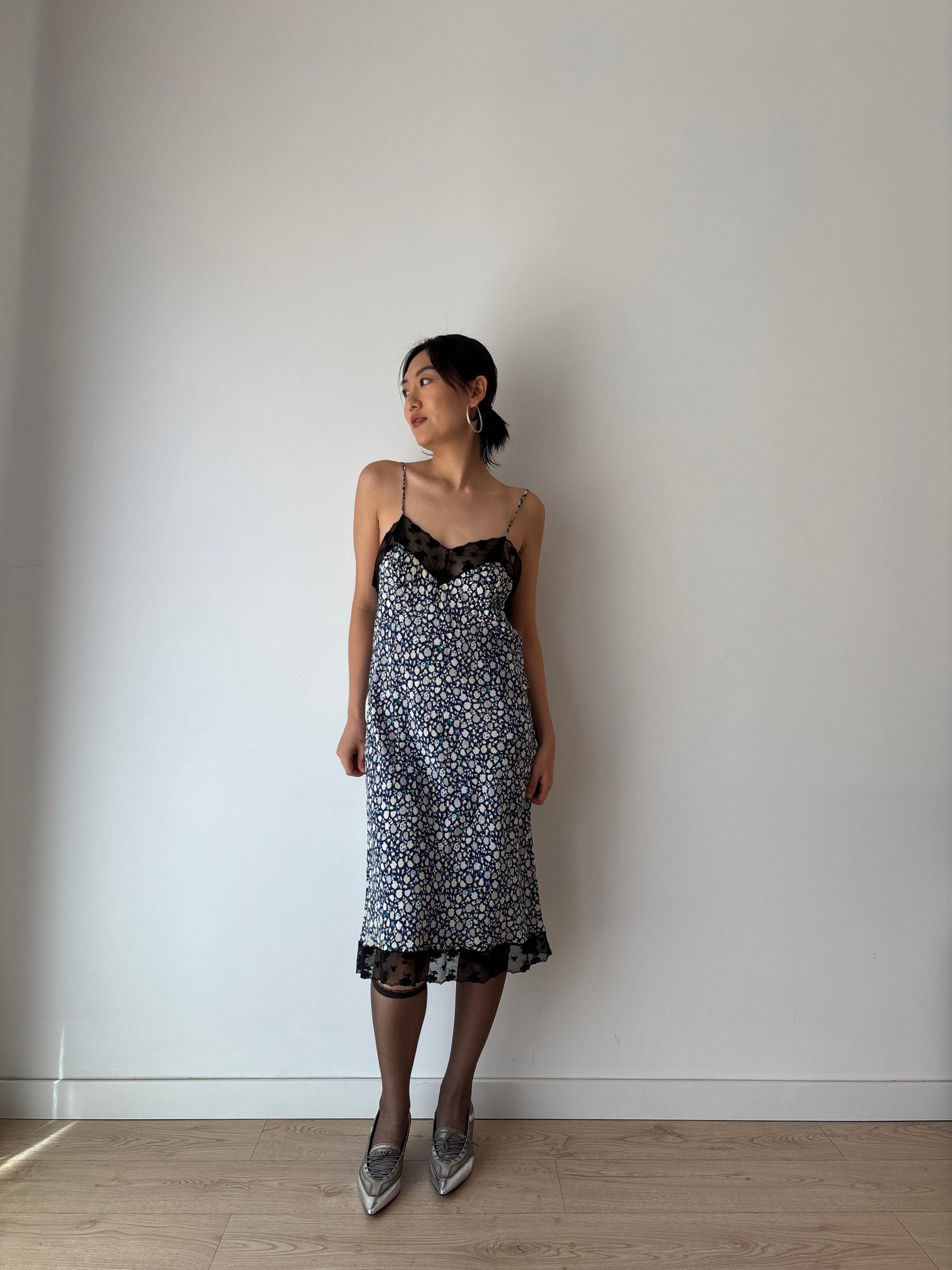 Vintage Y2K 2000s pure silk floral print black lace romantic slip dress